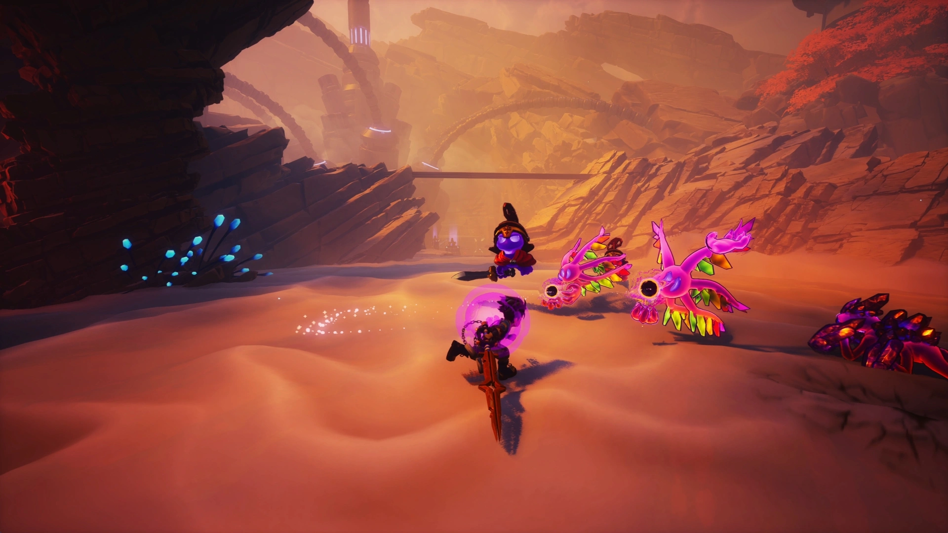 Duskfade hero exploring a moonlit clockwork landscape